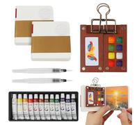 Mini kit de peinture aquarelle de voyage, 7 Pièces 12 Couleurs Kit aquarelle miniature - Avec Carnet de croquis, Palettes, Stylos & Clip - Portable pour Artistes, Sketch en extérieur & Débutants