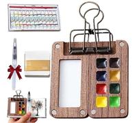 Mini kit de voyage aquarelle avec livre d'images 2025 pour débutants avec 12/24 peintures de couleur boîte de peinture en bois pour peintres, artistes, étudiants (noyer - 8 compartiments)