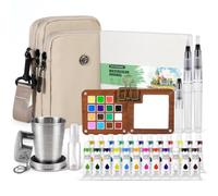 Mini kit de voyage aquarelle portable, 24 couleurs | Comprend un pinceau à eau rechargeable, une palette en bois et un carnet de croquis, un ensemble complet de peinture