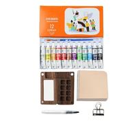 Mini Kit Palette de Peinture - Pocket Artist Kit Voyage Aquarelle, Palette en Bois Portable Carré avec 12 Couleurs, Mini Carnet de Croquis avec Clip, Ensemble Outils de Peinture Et Croquis Extérieur |