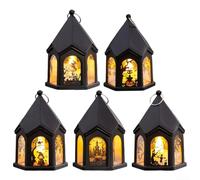 Mini lanterne LED décorative à suspendre, avec effet bougie vacillante alimentée par piles, lampe hexagonale noire pour intérieur fête maison
