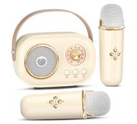 Mini Machine à Karaoké pour Enfants et Adultes, Enceinte Bluetooth Portable avec 2 Microphones sans Fil, Cadeaux pour Filles de 3 à 8 Ans+, Anniversaire, Fête en Famille à La Maison-Beige