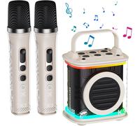 Mini machine de karaoké avec 2 microphones sans fil, haut-parleur karaoké Bluetooth pour les enfants avec micro microfono sans fil et lumières LED, Girls Boys Birthday Gift Home Party Beige