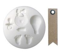 Mini moule silicone pour pâte polymère Naissance + 20 étiquettes kraft Fanion Multicolore G