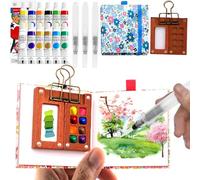 Mini palette de peinture aquarelle portable de voyage et en bois avec clip en métal, ensemble de peintures aquarelles avec carnet de croquis et stylo à eau pour peintres aquarelle de poche, artistes