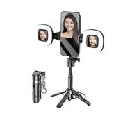 Mini perche à selfie, cadre stable à quatre coins, avec lumière de remplissage, peut pivoter horizontalement et verticalement, cadre dragon en métal renforcé, longueur extensible 40,6 cm (noir, double