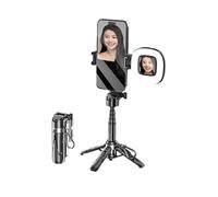 Mini perche à selfie, cadre stable à quatre coins, avec lumière de remplissage, peut pivoter horizontalement et verticalement, cadre dragon en métal renforcé, longueur extensible 40,6 cm (noir, lampe
