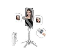 Mini perche à selfie, cadre stable à quatre coins, avec lumière de remplissage, peut pivoter horizontalement et verticalement, cadre dragon en métal renforcé, longueur extensible 40,6 cm (blanc