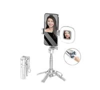 Mini perche à selfie, cadre stable à quatre coins, avec lumière de remplissage, peut pivoter horizontalement et verticalement, cadre dragon en métal renforcé, longueur extensible 40,6 cm (blanc, lampe