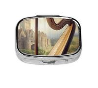 Mini pilulier carré en bois élégant en forme de harpe - Organiseur de voyage à 2 compartiments - Petit étui de rangement portable