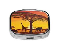 Mini pilulier carré en forme d'animal africain au coucher du soleil, 2 compartiments pour sac à main ou poche, vitamines, supplément, pilulier