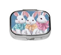 Mini pilulier carré en métal avec 3 adorables lapins, organiseur de médicaments de voyage, 2 compartiments de poche, petit étui de rangement portable