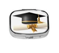 Mini pilulier carré en métal avec chapeau de remise de diplôme - Organiseur de voyage à 2 compartiments - Petit étui de rangement portable