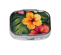 Mini pilulier carré en métal avec feuilles vertes et fleurs - Organiseur de voyage à 2 compartiments - Petit étui de rangement portable