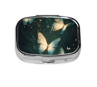 Mini pilulier carré en métal avec motif papillon - Organiseur de médicaments de voyage - 2 compartiments de poche - Petit étui de rangement portable