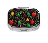 Mini pilulier carré en métal avec motif piment coloré - Organiseur de voyage à 2 compartiments - Petit étui de rangement portable
