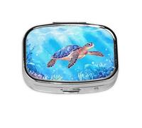 Mini pilulier carré en métal avec motif tortue de mer - Organiseur de voyage à 2 compartiments - Petit étui de rangement portable