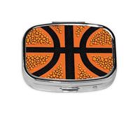 Mini pilulier carré en métal avec surface de basket-ball - Organiseur de médicaments de voyage - 2 compartiments de poche - Petit étui de rangement portable