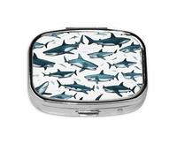 Mini pilulier carré en métal plaqué fer avec motif requin avec différents gestes imprimés pour la maison, les voyages et le sac à main