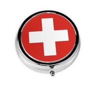Mini pilulier rond à 3 compartiments avec drapeau suisse coloré imprimé