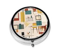 Mini pilulier rond à 3 compartiments, petit pilulier moderne du milieu du siècle, imprimé coloré, boîte à pilules de voyage portable