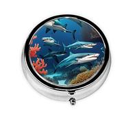 Mini pilulier rond à 3 compartiments - Petit pilulier sous-marin requin corail coloré imprimé - Boîte à pilules de voyage portable