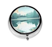 Mini pilulier rond à 3 compartiments - Petites boîtes à pilules de voyage - Feuilles tombées sur un lac tranquille - Coloré - Imprimé - Portable