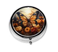 Mini pilulier rond avec 3 inserts en plastique, orange et jaune, motif champs de papillons et fleurs, léger et portable, convient pour le transport dans les poches ou les portefeuilles.