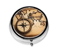 Mini pilulier rond avec boussole WZYWHJ et carte du monde ancien, petite et portable avec cloisons pour le stockage des médicaments pour les voyages et une utilisation quotidienne