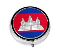 Mini pilulier rond avec drapeau du Cambodge, léger et portable, avec 3 inserts en plastique, convient pour le transport dans les poches ou les portefeuilles.
