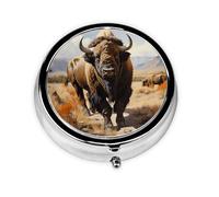 Mini pilulier rond en forme de troupeau de bison d'Amérique du Nord, léger et portable, avec 3 inserts en plastique, convient pour le transport dans les poches ou les portefeuilles.