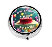 Mini pilulier rond « Happy Birthday » léger et portable, avec 3 inserts en plastique, convient pour le transport dans les poches ou les portefeuilles.
