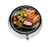 Mini pilulier rond WZYWHJ Delicious Grilled Meat Prints Small and Portable with cloisons for Medicine Storage for Travel and Daily use