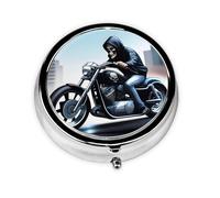 Mini Pilulier Rond WZYWHJ Moto Squelette Motif Petit et Portable avec Cloisons pour Rangement Médicaments pour Voyage et Usage Quotidien