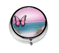 Mini Pilulier Rond WZYWHJ Rose Papillon et Mer Motif Petit et Portable avec Cloisons pour Rangement Médicaments pour Voyage et Usage quotidien