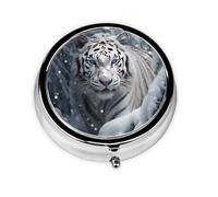 Mini Pilulier Rond WZYWHJ Tigre Blanc dans la Neige Impression Petite et Portable avec Cloisons pour Rangement Médicaments pour Voyage et Usage quotidien
