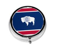 Mini pilulier ronde avec drapeau de l'État du Wyoming, 3 compartiments, peut être mis dans un portefeuille, une poche, léger et pratique
