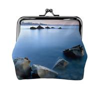 Mini pochette en cuir synthétique avec imprimé mer calme et rochers pour femmes, filles et enfants, Noir , Taille unique, Pochette à monnaie