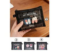 Mini pochette portable en maille noire en forme de cœur avec motif de lettres de pilules, peut être utilisée comme trousse de premiers secours, trousse d'urgence médicale, convient pour une utilisatio