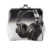 Mini pochette portefeuille en cuir PU avec imprimé microphone et casque pour femmes filles enfants, Noir , Taille unique, Pochette à monnaie