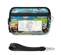 Mini porte-cartes à fermeture éclair pour homme et femme avec fenêtre pour carte d'identité, camion de dessin animé, avion, petit sac à main portable léger à fermeture éclair pour pièces de monnaie