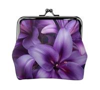 Mini porte-monnaie en cuir synthétique avec imprimé fleurs de lys violettes pour femme avec serrure à baiser, Noir , Taille unique, Moderne