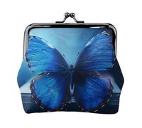 Mini porte-monnaie en cuir synthétique avec imprimé papillon bleu pour femme avec verrou à baiser, Noir , Taille unique, Moderne