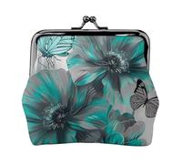 Mini porte-monnaie en cuir synthétique avec imprimé papillon et fleur gris sarcelle pour femme avec verrou à baiser, Noir , Taille unique, Pochette à monnaie