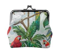 Mini porte-monnaie en cuir synthétique avec imprimé perroquet et arbre tropical pour femme avec verrou à baiser, Noir , Taille unique, Moderne