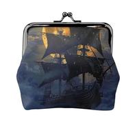 Mini porte-monnaie en cuir synthétique avec motif bateau pirate pleine lune imprimé pour femme avec verrou à baiser, Noir , Taille unique, Moderne