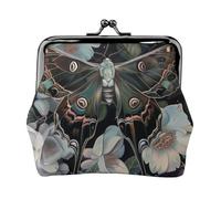 Mini porte-monnaie en cuir synthétique avec motif de papillon de nuit qui ressemble à un paon imprimé pour femme avec verrou à baiser, Noir , Taille unique, Pochette à monnaie