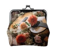 Mini porte-monnaie en cuir vintage imprimé guitare fleurs pour femme