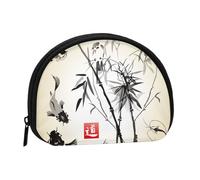 Mini porte-monnaie imprimé poisson oiseau et feuilles de bambou avec fermeture éclair - Petit portefeuille pour homme et femme - Organiseur de voyage compact, Noir , Taille unique