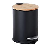 Mini poubelle ronde avec couvercle en bambou à fermeture douce et pédale, 3 l avec poubelle intérieure amovible en plastique pour salle de bain, chambre à coucher, bureau, voiture, noir